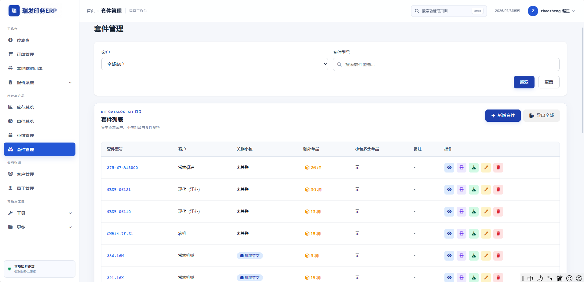 瑞发印务 ERP 套件管理界面，展示套件型号、客户和组合关系