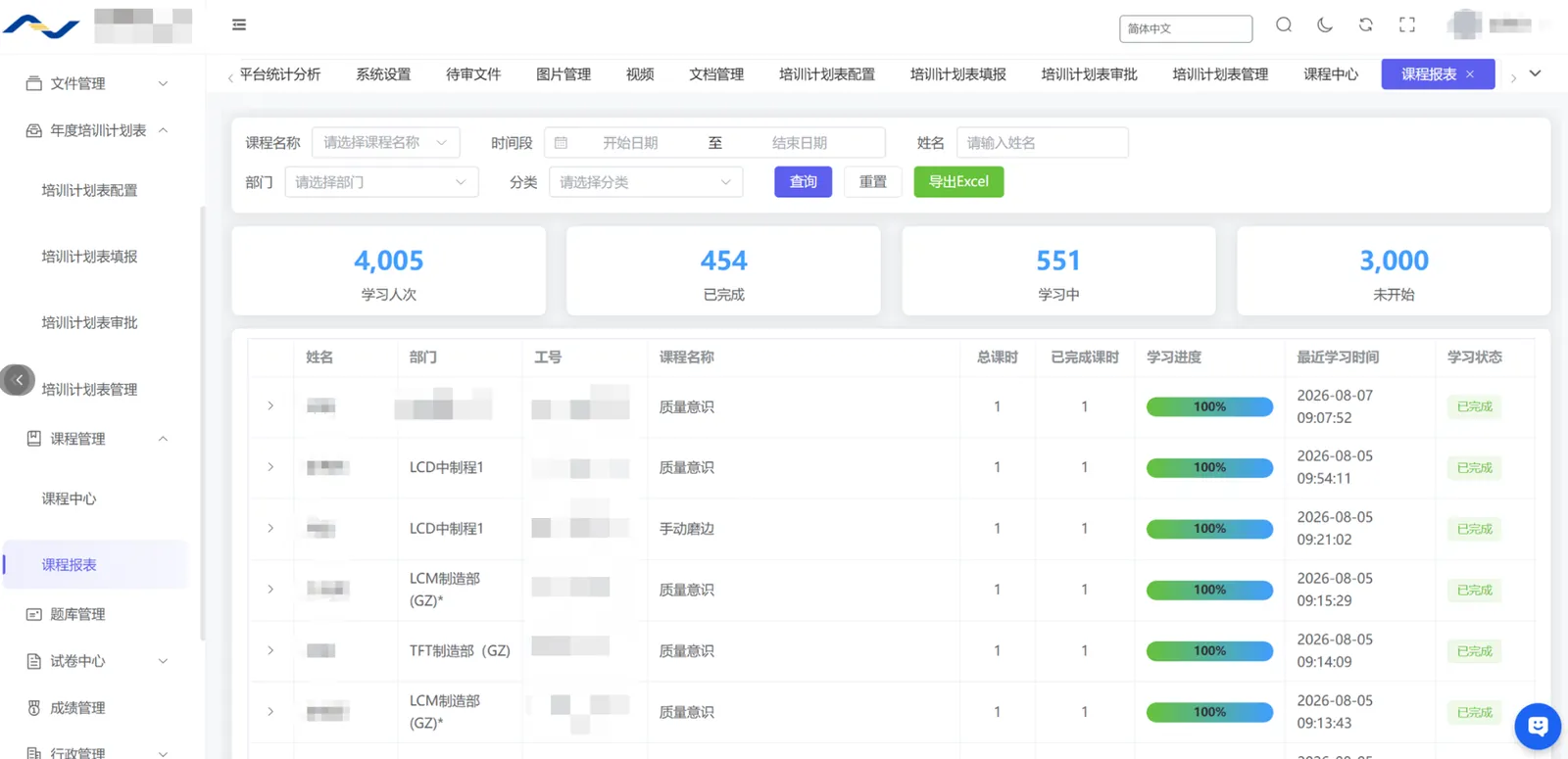 课程学习报表界面